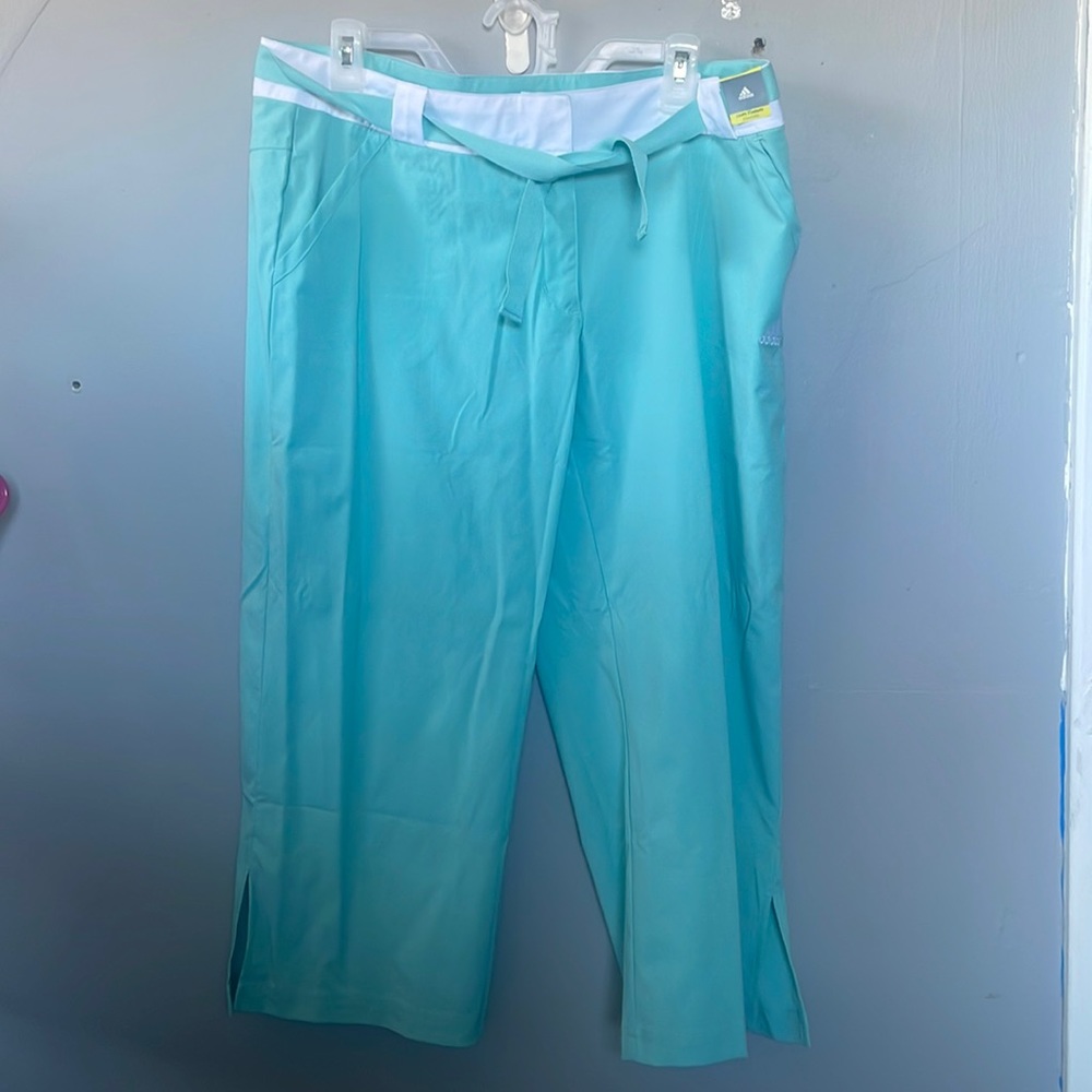 NWT Adidas women’s large OTG Splash White Blue Crop Pants Tennis prep Y2K